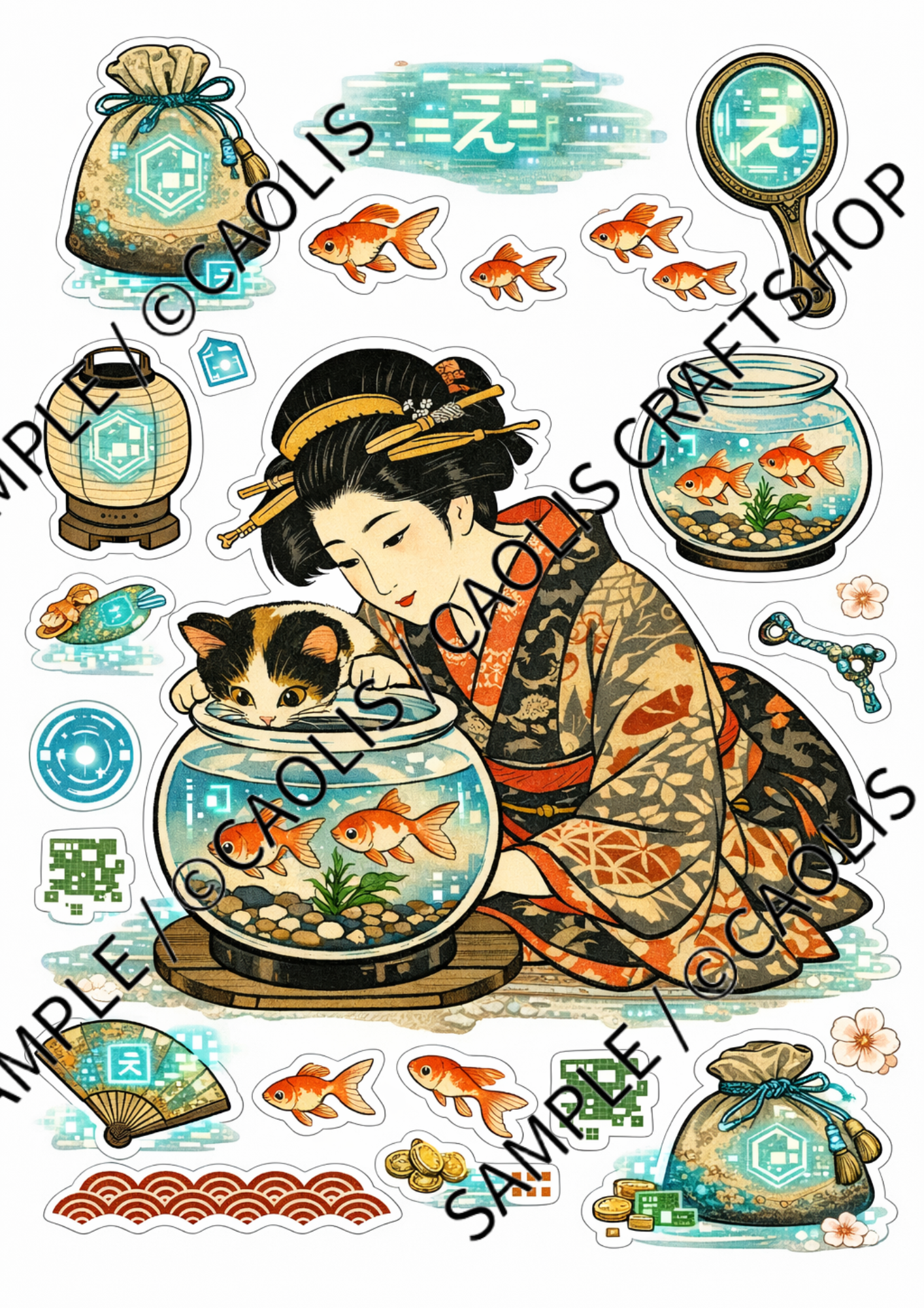 Traditional Goldfish & Ukiyo-e Beauty　お嬢と金魚鉢（浮世絵Ver)