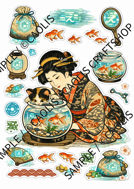 Traditional Goldfish & Ukiyo-e Beauty　お嬢と金魚鉢（浮世絵Ver)